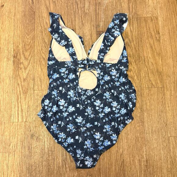 A Pea in the Pod Maternity Blue Floral Ruffle One-Piece Swimsuit Size Large - Picture 7 of 12